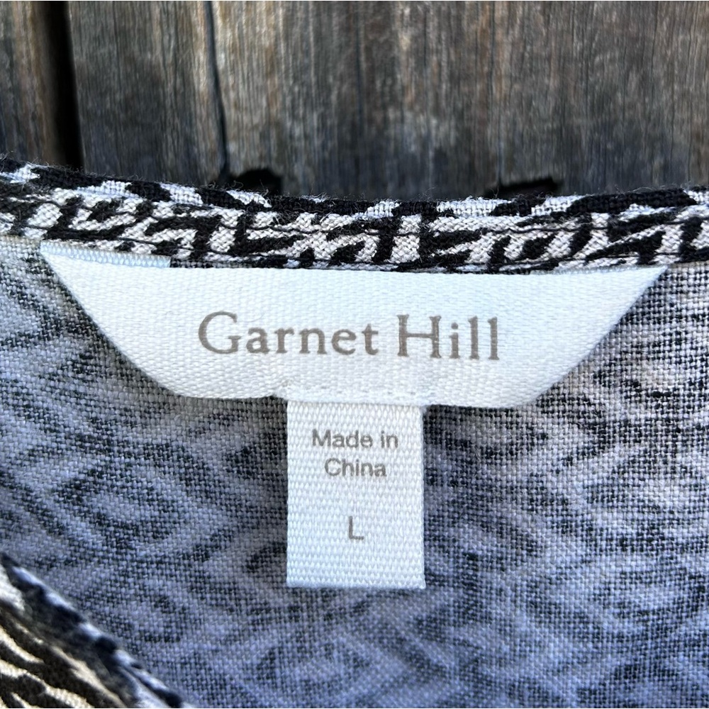 Garnet Hill Imogene Linen Midi Puff Sleeve Belted Print Dress Black Tan Beige L - Picture 6 of 16